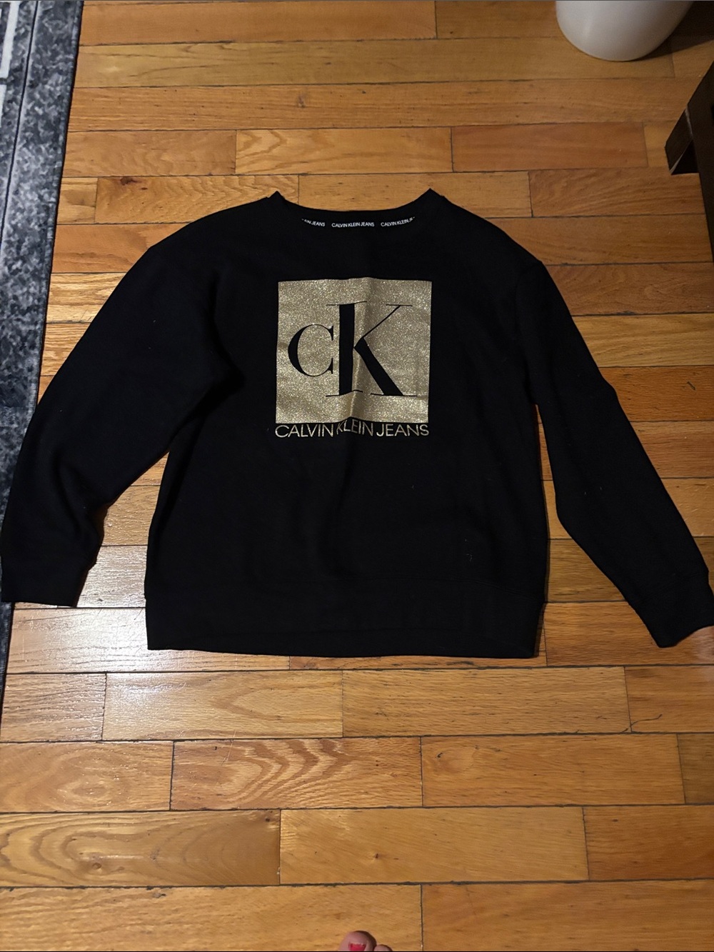 Calvin Klein Jeans Black Crewneck Sweater with Gold CK Square
